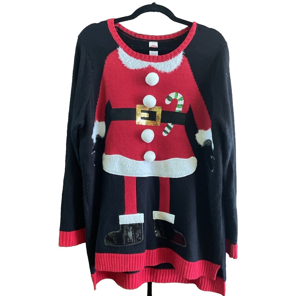 Holiday Time Christmas Ugly Mrs Claus XXL Womens Candy Cane PomPom Sequin